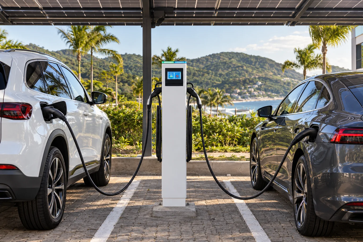 Dois carros elétricos carregando ao mesmo tempo numa estação Wemob Parking sob cobertura solar