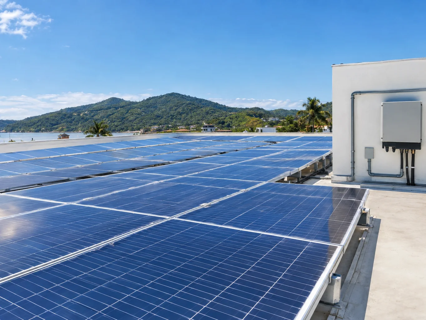Usina fotovoltaica em telhado comercial com inversor instalado na parede
